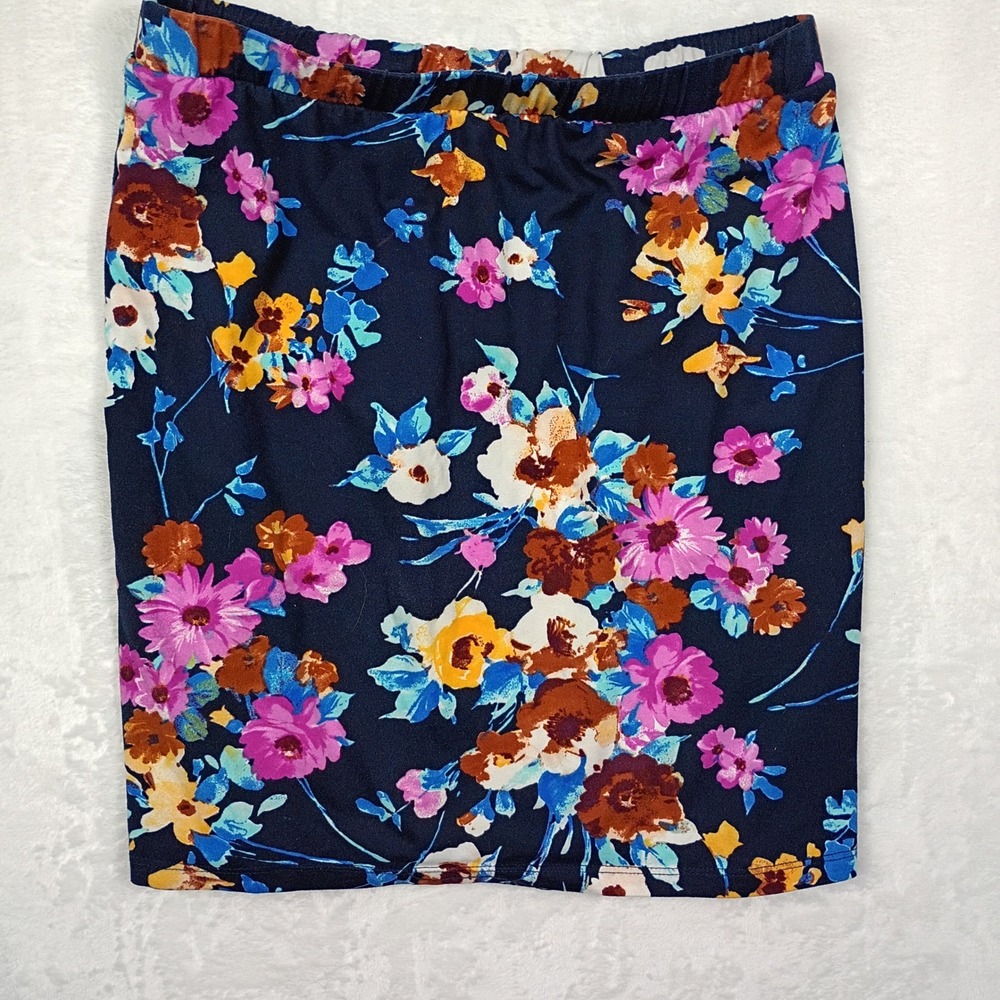Gilli Navy Blue Floral Mini Skirt Elastic Waist Stretchy Bodycon Made in USA - Picture 2 of 6